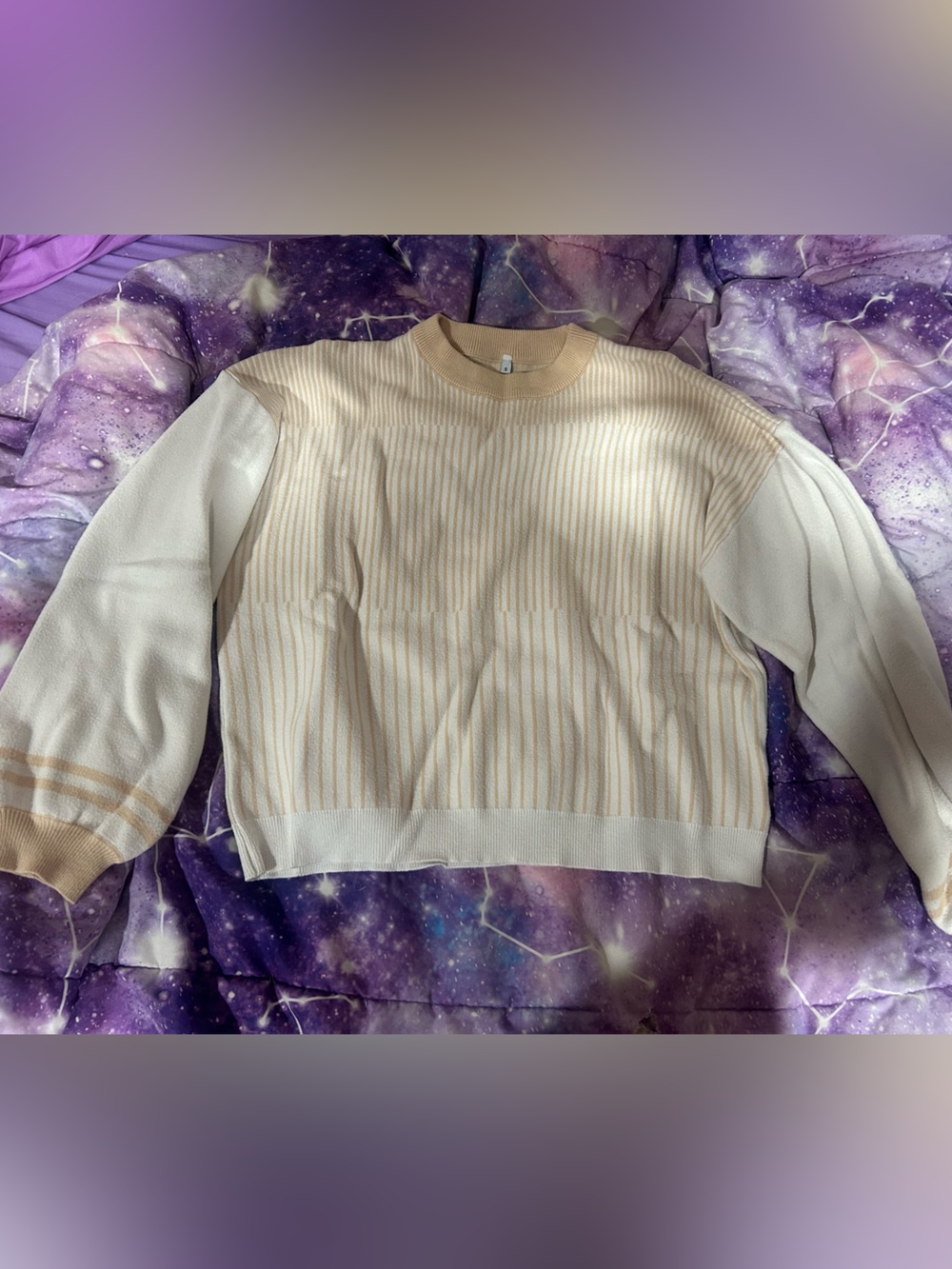 Cream & Tan Ribbed Women's Sweater - Casual Crewneck